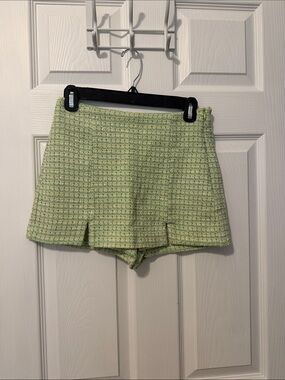 Zara Textured Light Green Tweed Skort Shorts